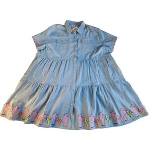 LAYERZ CLOTHING Tiered Denim Dress Womens Plus 3XL Embroidered Pockets Fun NEW